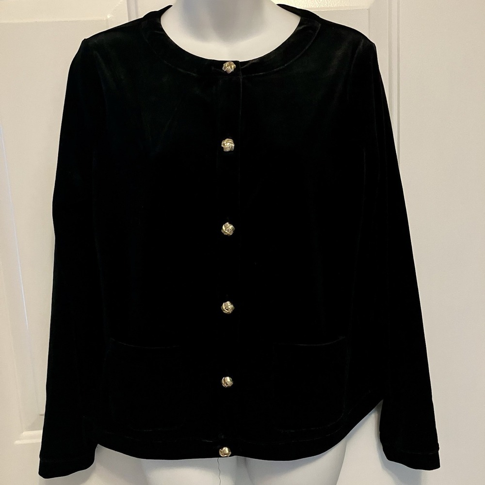 Talbots Sz Small Black Velvet Gold Buttons Cardigan Jacket Shirt Stretch Womens